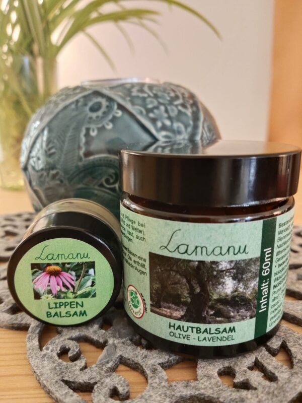 Set „Hautbalsam Olive-Lavendel" und "Lippenbalsam"